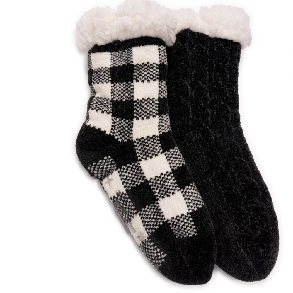 2pack Muk Luk chenille faux fur lined textured non slip mid-calf height‎ socks
